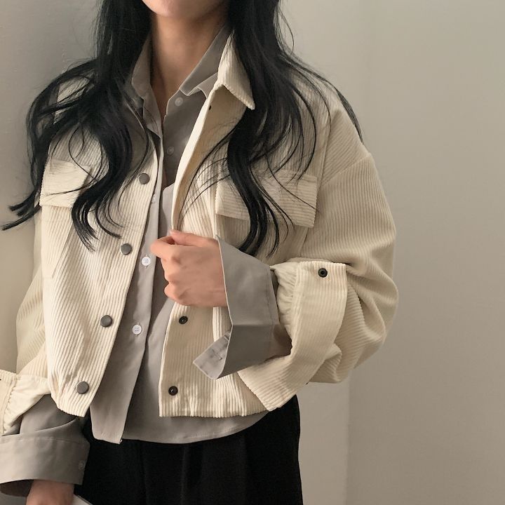 South Korea Chic Loose All-Match Single-Breasted Lapel Short Corduroy Shirt Drawstring Jacket Women'S Trendy - Image 1